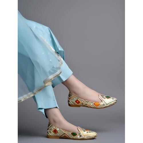 Shoetopai Women's Golden Ethnic Embroidered Slip-On Belly With Mirror Work  Traditional Multicolor Juttis For Casual & Festive Eu38