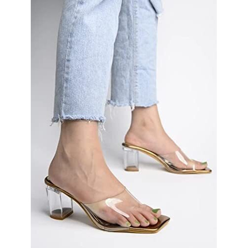 Women's Clear Block Heel Mules Copper || Transparent Strap Slip-On Sandals || Open Toe Chunky Heels Eu39