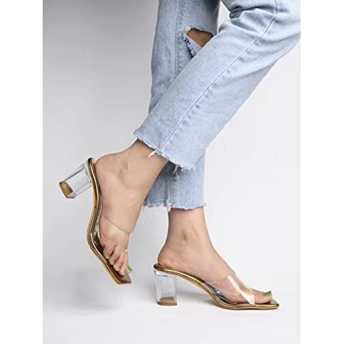 Women's Clear Block Heel Mules Copper || Transparent Strap Slip-On Sandals || Open Toe Chunky Heels Eu39