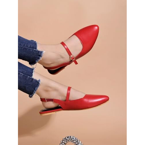 Women's Pointed-Toe Flats  Stylish Slingback Ballerina Shoes With Adjustable Strap  Casual & Office Wear Red Eu37