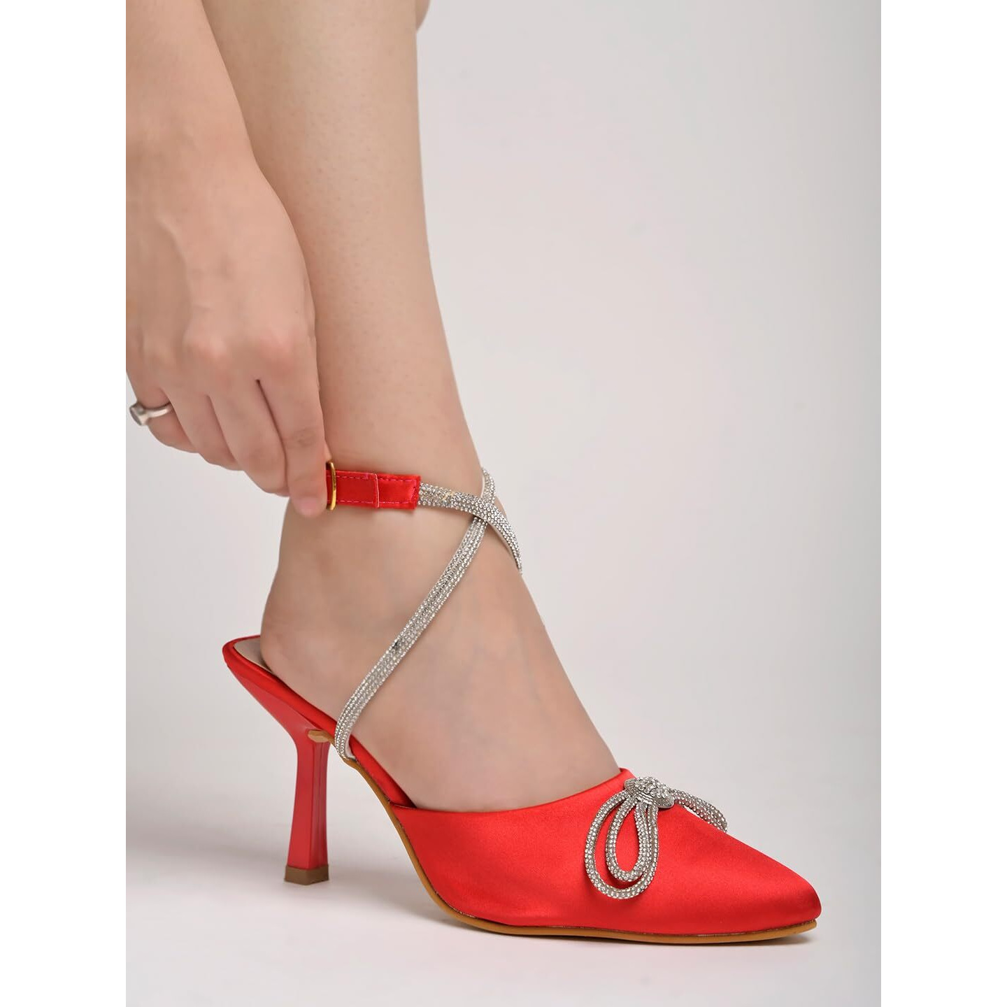 Women's Red Satin High Heel Sandals Pointed Toe Party Heels With Rhinestone Bow & Ankle Strap  Elegant Stilettos For Weddings & Events Eu36