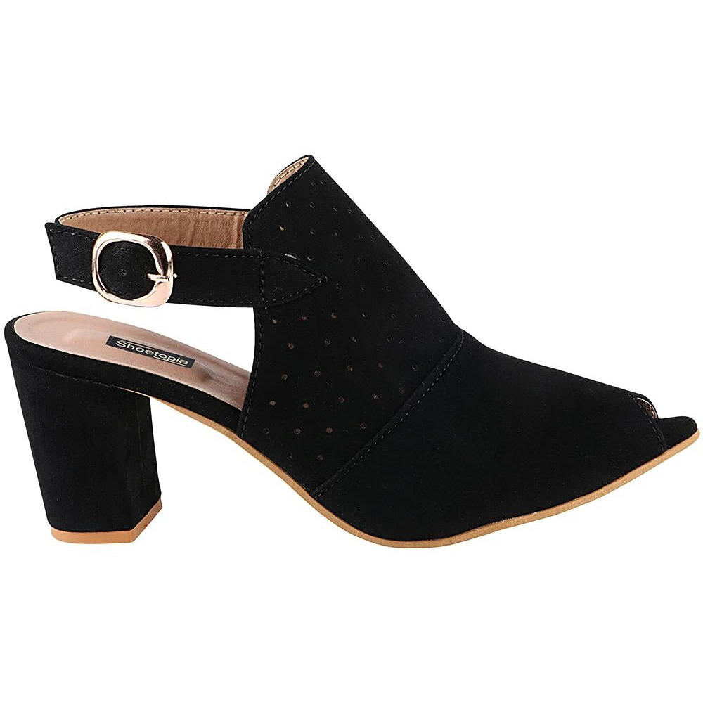 Shoetopia Womens/Girls Black Laser Cuts Peep-Toed Heeled Mules-Eu38