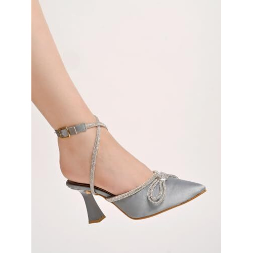 Women's Silver Satin High Heel Sandals Pointed Toe Party Heels With Rhinestone Bow & Ankle Strap  Elegant Stilettos For Weddings & Events Eu40
