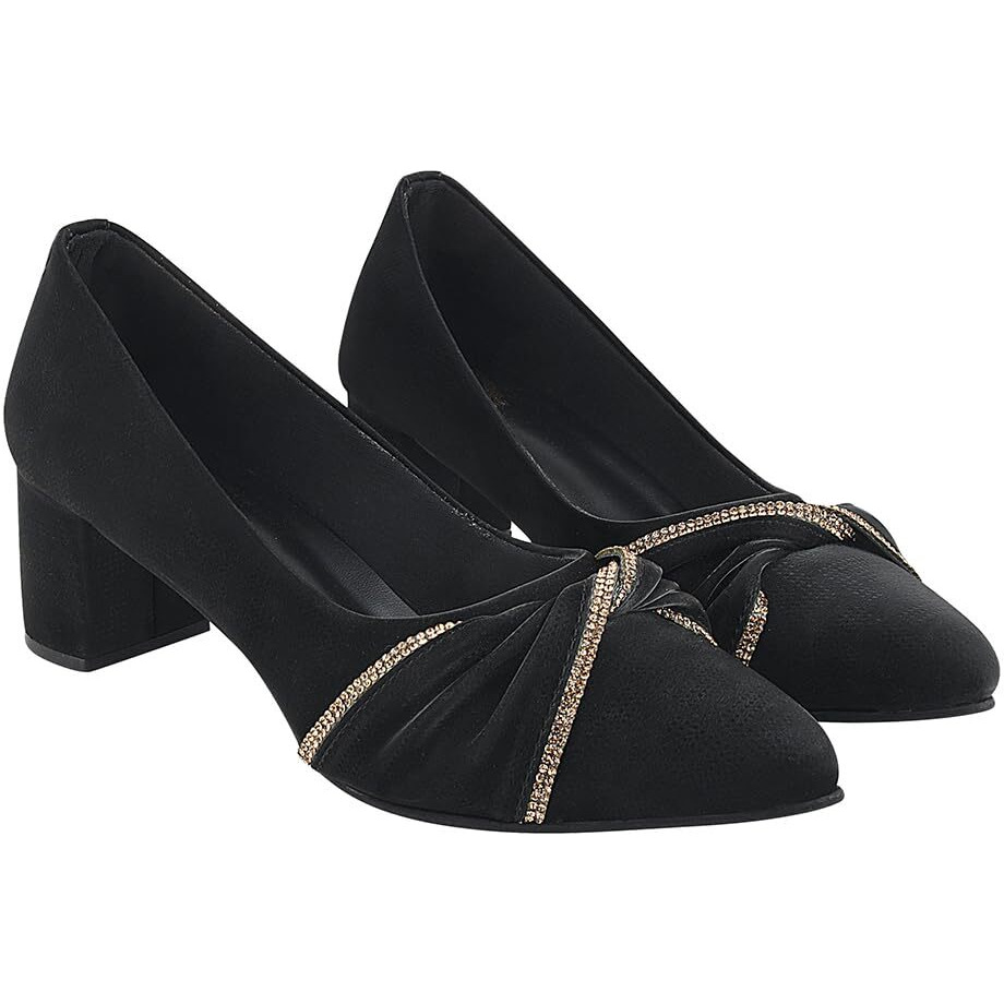 Shoetopia Rhinestone Decor Pointed Toe Stylish Black Pumps For Women & Girls /Eu38