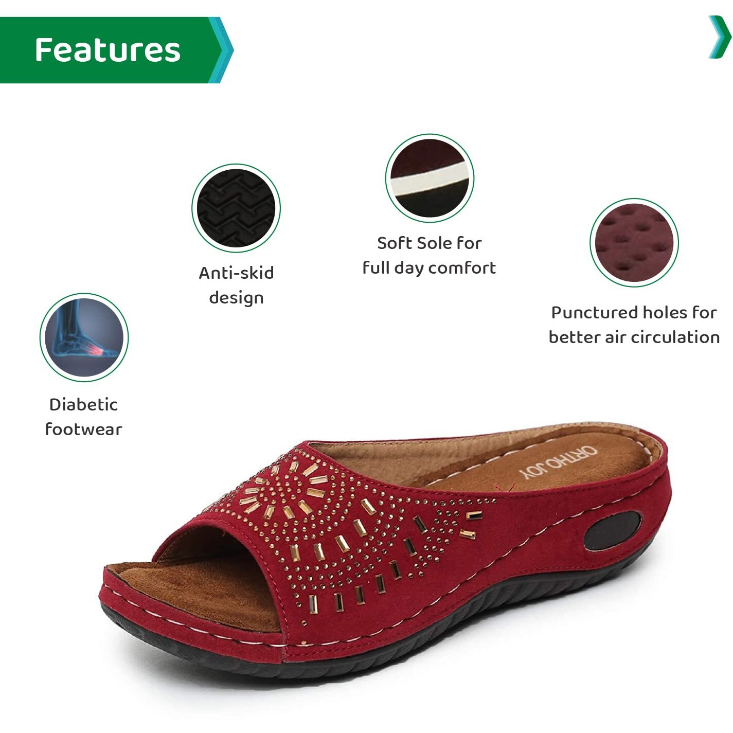 Ortho Joy Women's Cherry Faux Leather Slipper - 3 Uk