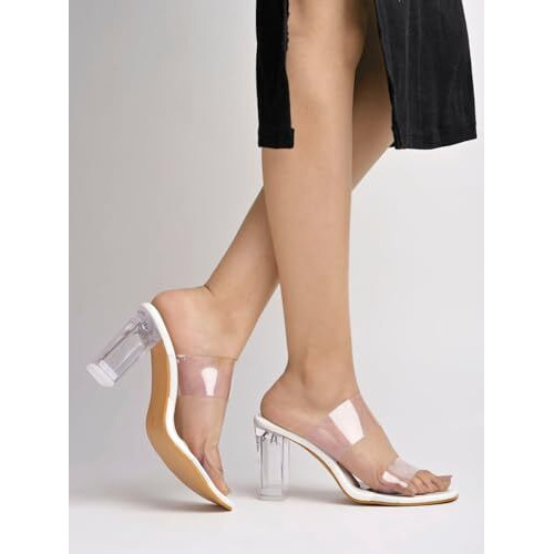 Shoetopia Stylish Trasparent Detailed White Block Heels For Women & Girls /Eu36