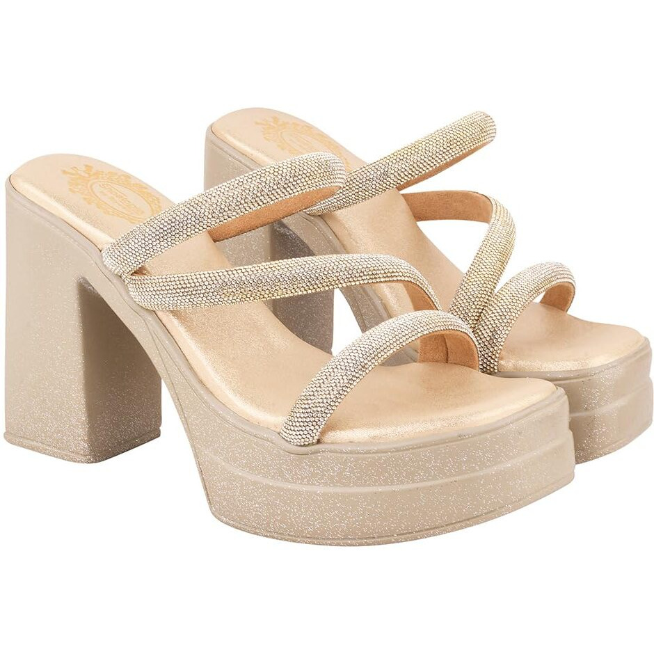 Shoetopia Embellished Golden Block Heels For Women & Girls /Eu38