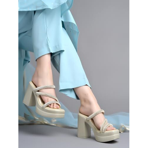 Shoetopia Embellished Golden Block Heels For Women & Girls /Eu38