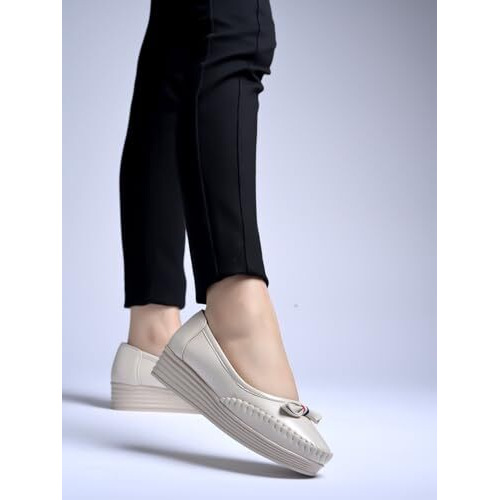 Shoetopia Bow Detailed Casual Cream Loafers For Women & Girls /Eu40
