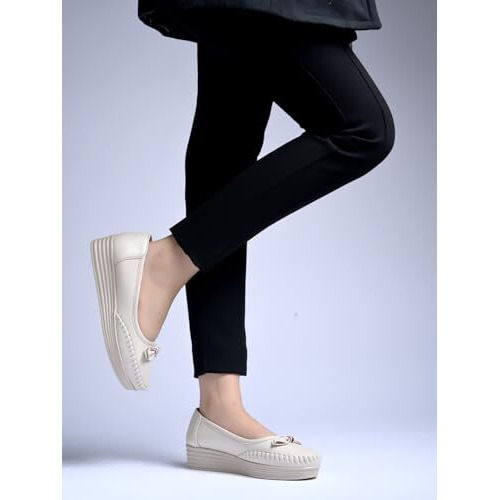 Shoetopia Bow Detailed Casual Cream Loafers For Women & Girls /Eu40