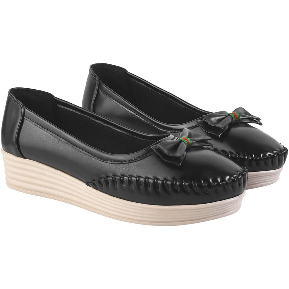 Shoetopia Bow Detailed Casual Black Loafers For Women & Girls /Eu39