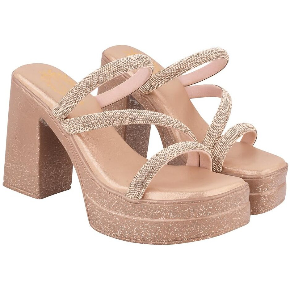 Shoetopia Embellished Rose-Gold Block Heels For Women & Girls /Eu37