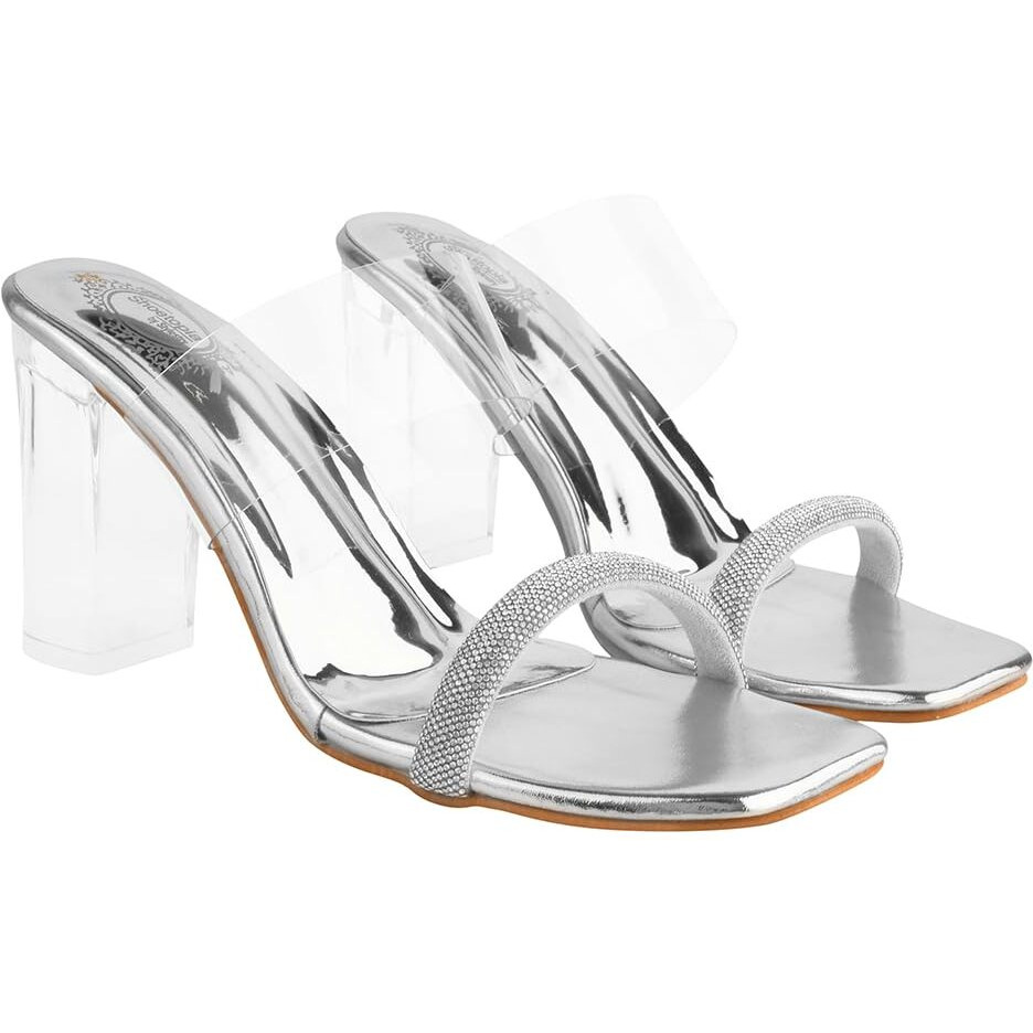 Shoetopia Stylish Trasparent Detailed Silver Block Heels For Women & Girls /Eu37