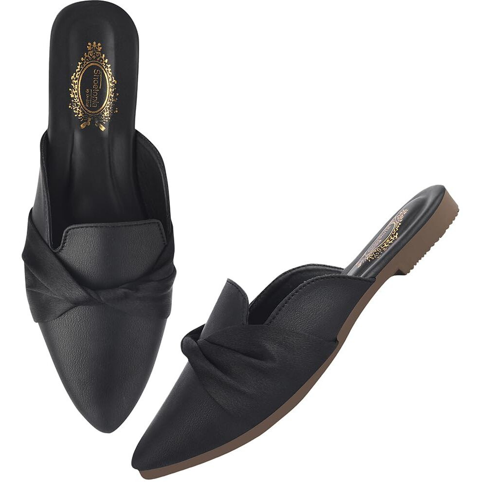 Shoetopia Women's Blackslip-On Mules  Pointed Toe Flats With Satin Ribbon Detailing | Stylish Casual & Office Eu40