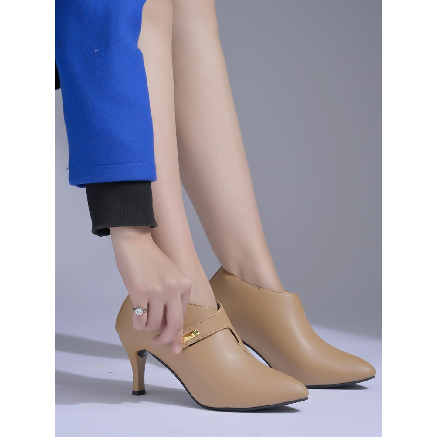 Shoetopia Women's Tan Pointed Toe Heeled Bellies  Elegant Slip-On Pumps With Strap Detail | Office Shoes Eu41