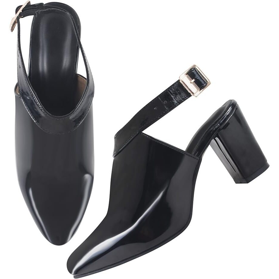 Shoetopia Women's Black Patent Leather Block Heel Sandal With Ankle Strap And Pointed Toe  Elegant Formal Dress Sandal Eu36
