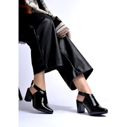 Shoetopia Women's Black Patent Leather Block Heel Sandal With Ankle Strap And Pointed Toe  Elegant Formal Dress Sandal Eu36