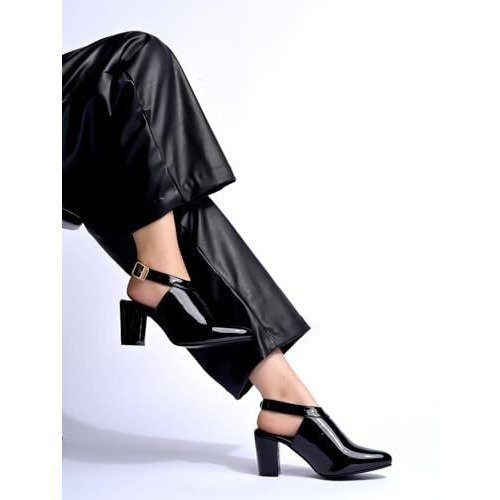 Shoetopia Women's Black Patent Leather Block Heel Sandal With Ankle Strap And Pointed Toe  Elegant Formal Dress Sandal Eu36