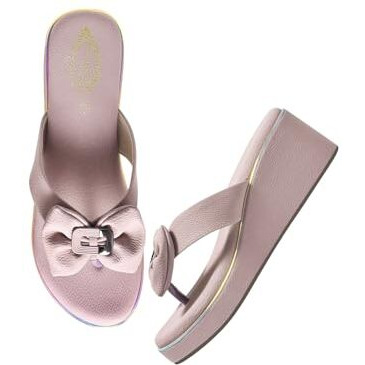 Shoetopia Upper Bow Detailed Wedges | Cushioned Footbed |Casual, Ethnic, Festive Women's Girls Stylish Slip On | Light Weight For Daily & Outdoor Sandal-Peach-Eu38