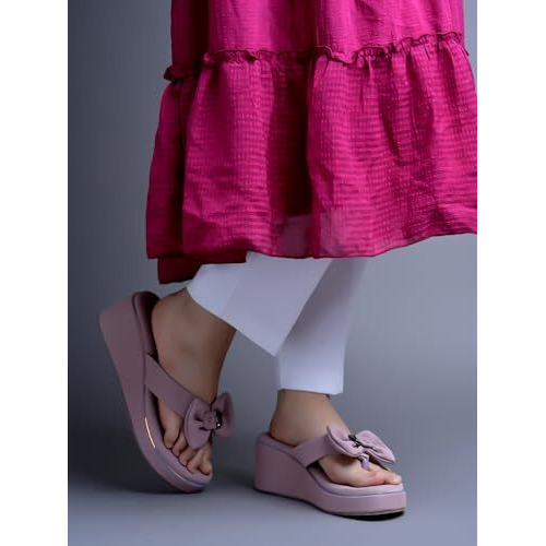 Shoetopia Upper Bow Detailed Wedges | Cushioned Footbed |Casual, Ethnic, Festive Women's Girls Stylish Slip On | Light Weight For Daily & Outdoor Sandal-Peach-Eu38