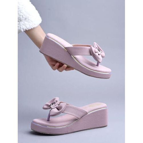 Shoetopia Upper Bow Detailed Wedges | Cushioned Footbed |Casual, Ethnic, Festive Women's Girls Stylish Slip On | Light Weight For Daily & Outdoor Sandal-Peach-Eu38