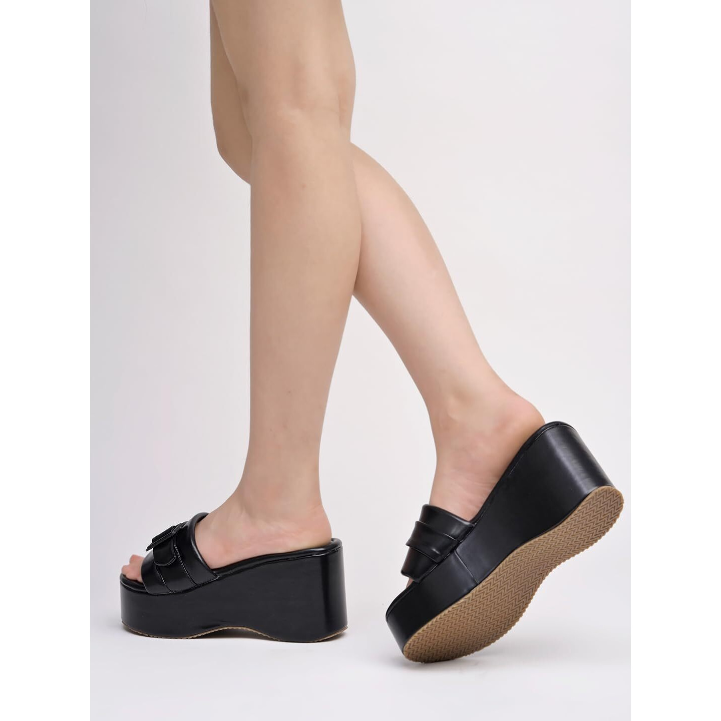 Shoetopia Women's Black Platform Slip-On Sandals  Chunky Wedge Slides With Buckle Strap Stylish Comfortable, Durable Perfect For Casual & Party Eu36