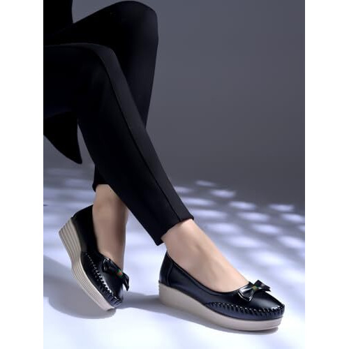 Shoetopia Bow Detailed Casual Black Loafers For Women & Girls /Eu37