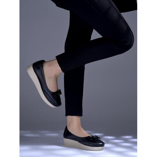Shoetopia Bow Detailed Casual Black Loafers For Women & Girls /Eu37