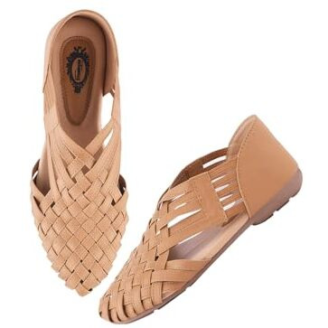 Shoetopia Women's Tan Woven Ballerina Flats  Ethnic Style Comfortable Slip-On Juttis With Closed Toe For Casual & Festive -Eu39