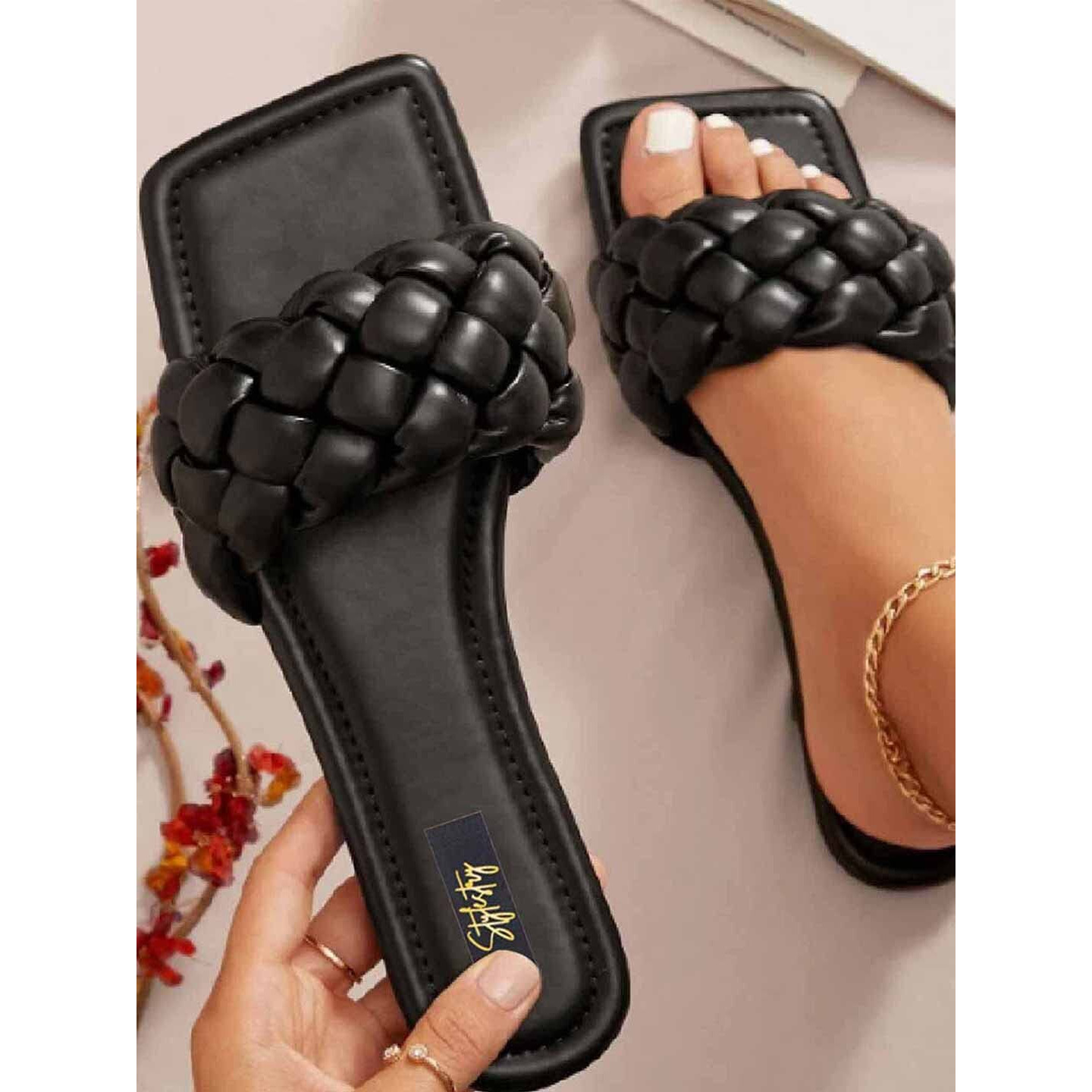 Shoetopia Women's Black Braided Flat Slip-On Sandals  Comfortable Open-Toe Casual Slides For Summer, Beach Eu36