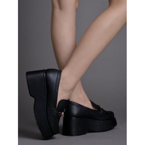 Shoetopia Stylish Solid Buckle Detailed Black Pumps For Women & Girls /Eu36