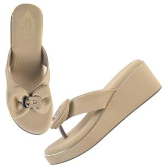 Shoetopia Upper Bow Detailed Wedges | Cushioned Footbed |Casual, Ethnic, Festive Women's Girls Stylish Slip On | Light Weight For Daily & Outdoor Sandal-Beige-Eu38