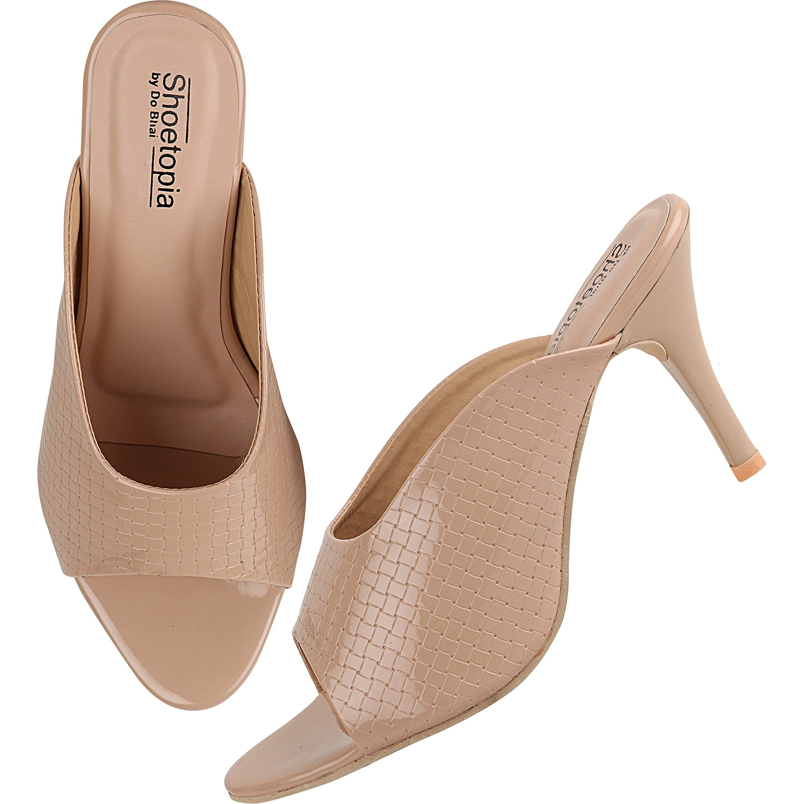 Shoetopia Women's & Girl's Beige Peep Toe Textured Slim Heels