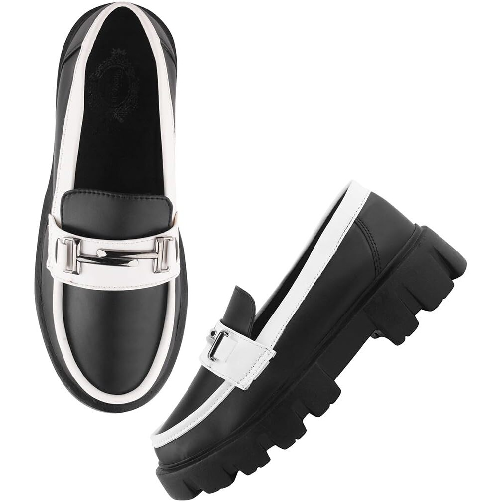 Shoetopia Front Buckle Detailed Black Loafers For Women & Girls-Eu37
