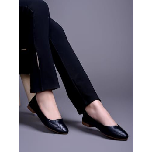 Shoetopia Women's Blacktextured Bellies  Elegant Slip-On Flats With Wavy Design For Daily, Office & Casual Eu36