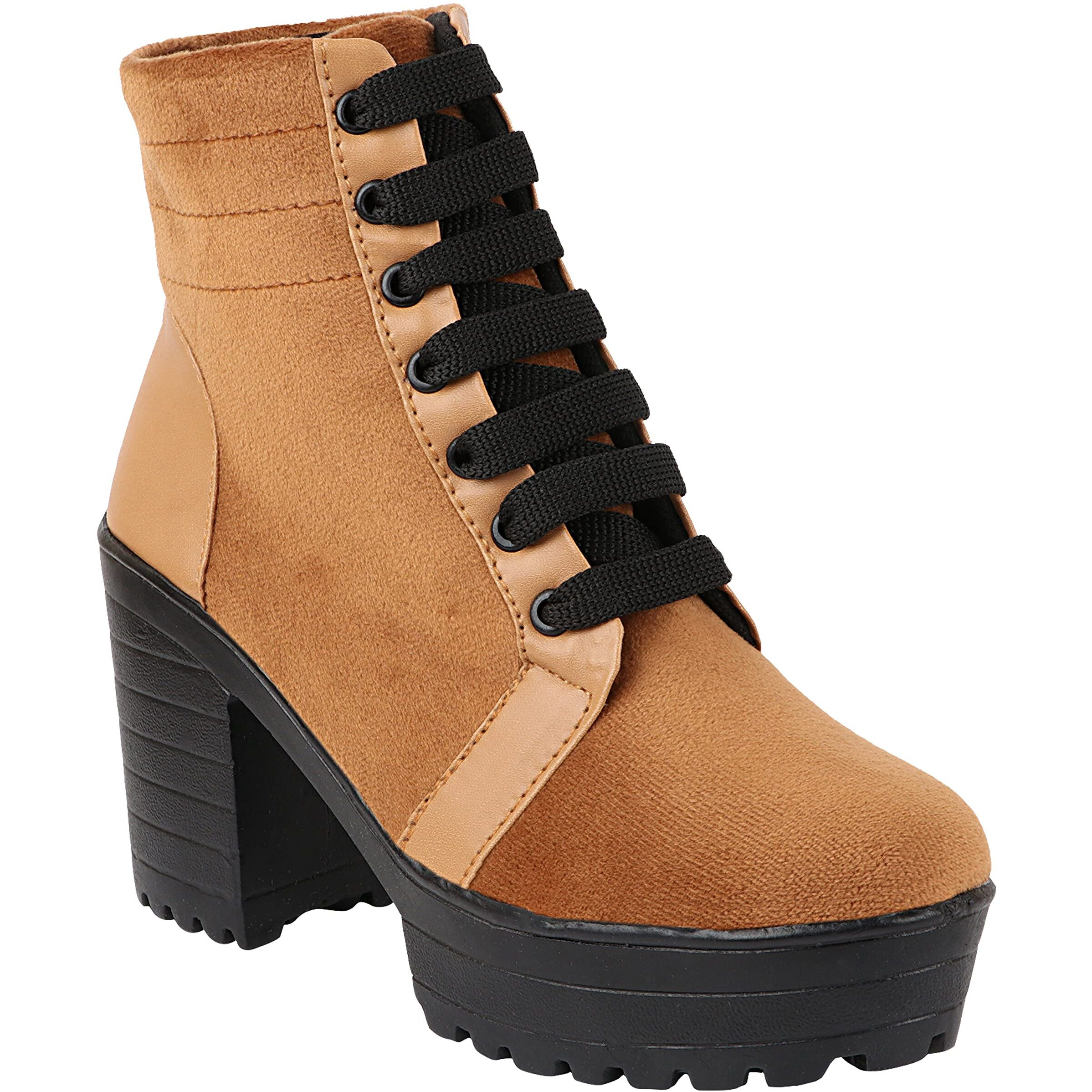 Shoetopia Women Tan Coloured Block Heeled Lace Up Boot