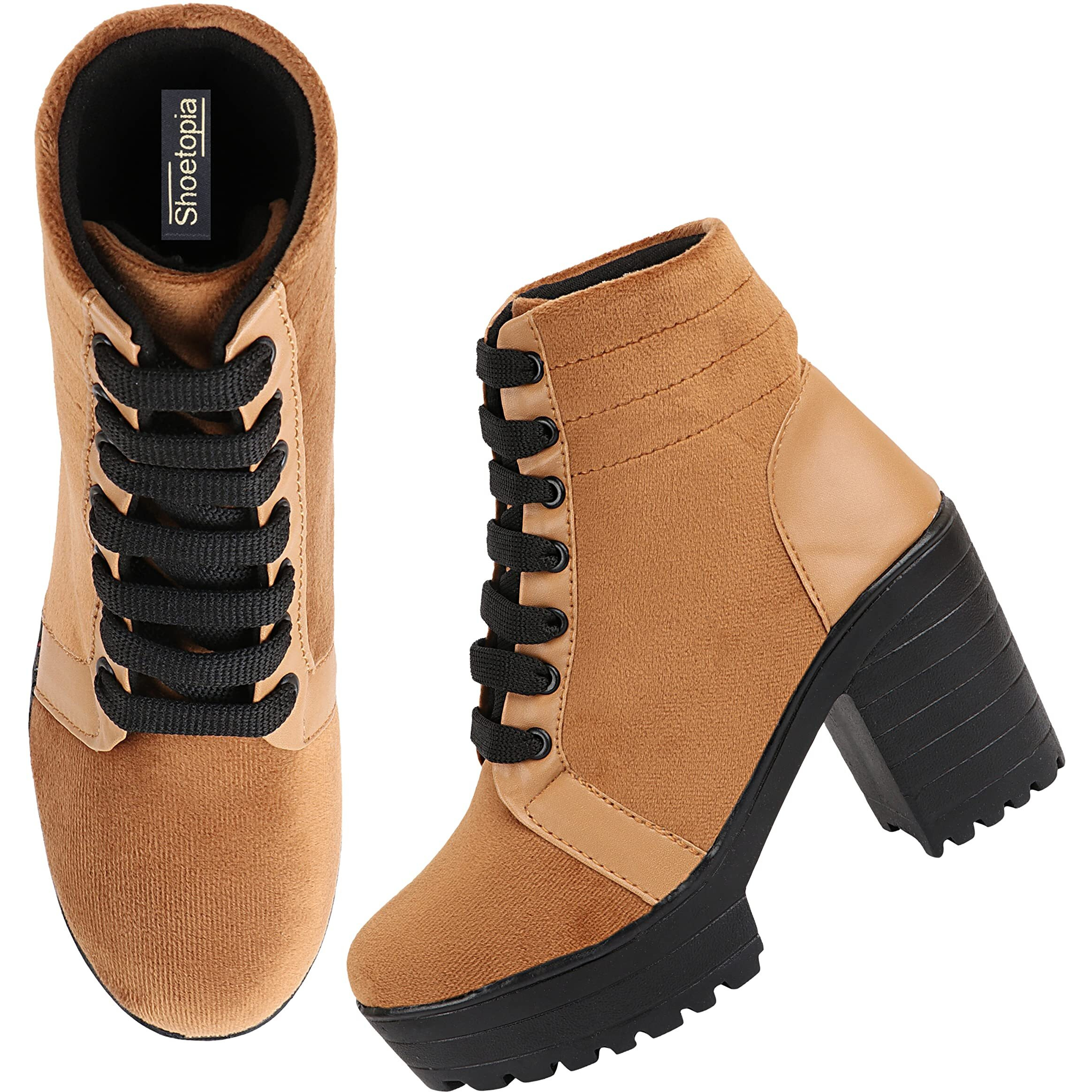 Shoetopia Women Tan Coloured Block Heeled Lace Up Boot