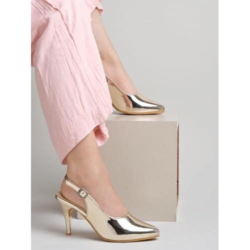 Shoetopia Women's Golden Metallic Slingback Pointed-Toe High Heels || Elegant Stiletto Pumps With Adjustable Strap || Dress Shoes For Parties, Weddings, And Formal Events Eu36