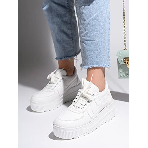 Shoetopia Women's Platform Heel Sneakers White, 5