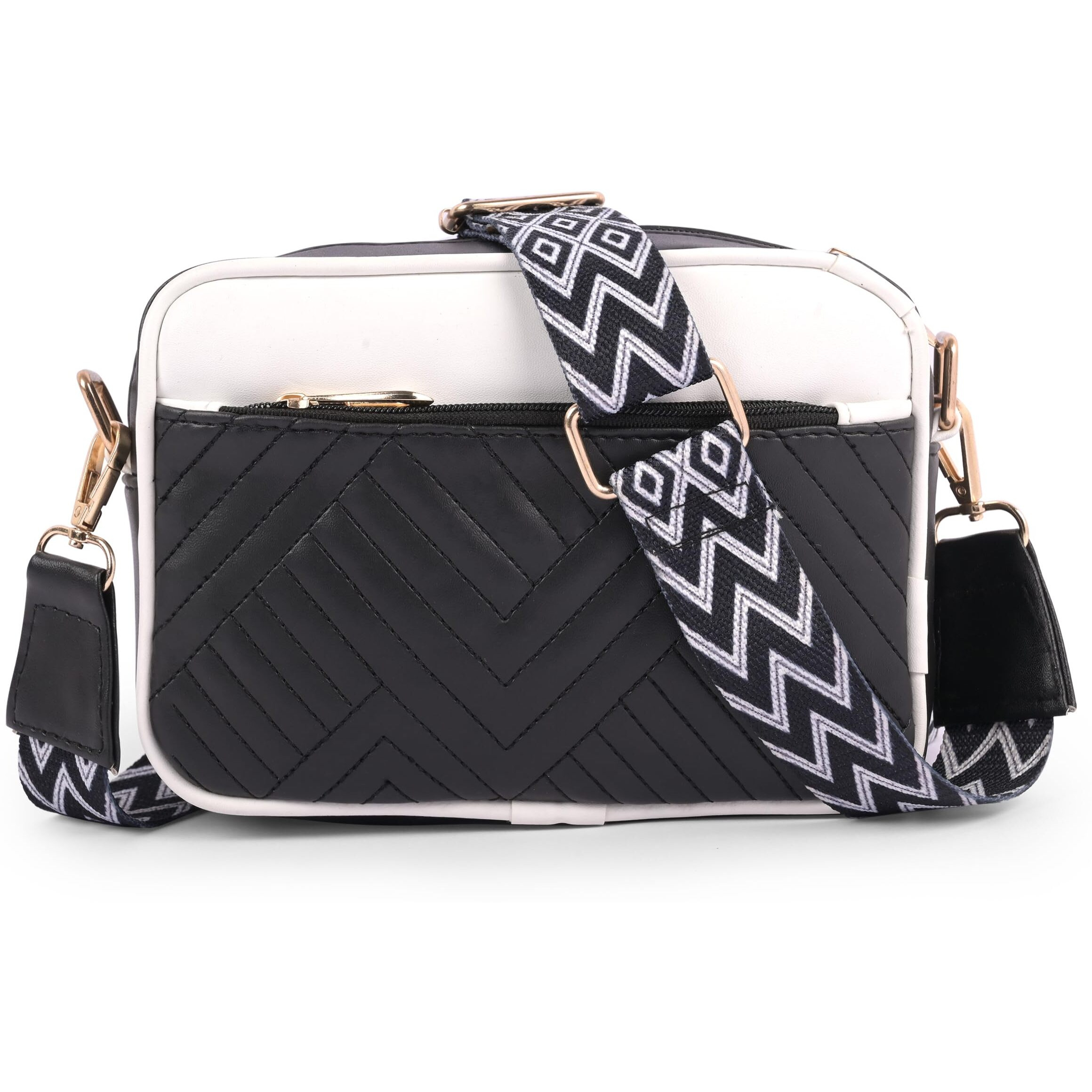 Adisa Women's Girls Color Block Cross Body Sling Bag With Printed Belt (Sl5150-Bla-Whi)