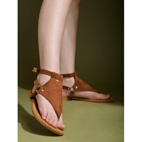 Shoetopia Stylish Ankle Strap Tan Flat Sandals For Women & Girls /Eu41