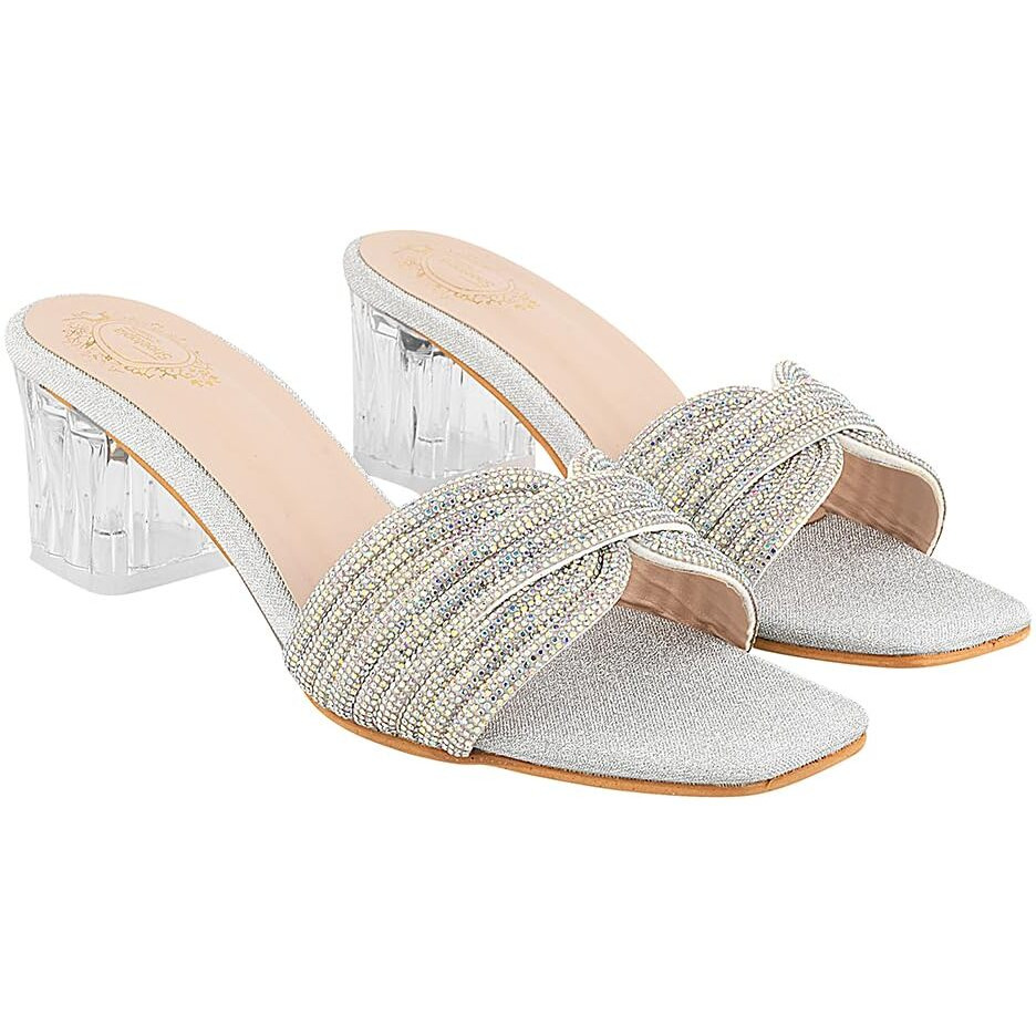 Shoetopia Embellished Rhinstone Silver Heels For Women & Girls /Eu39