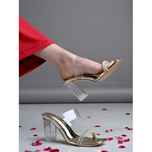 Shoetopia Stylish Trasparent Detailed Golden Block Heels For Women & Girls /Eu38
