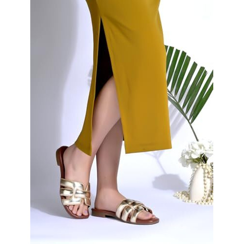 Shoetopia Shiny Open Toe Embellished Golden Flats For Women & Girls /Eu39