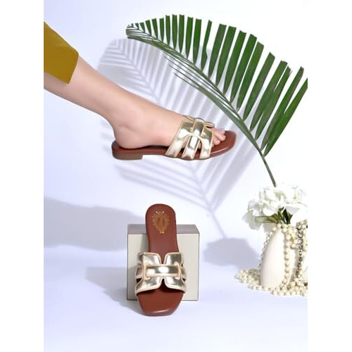 Shoetopia Shiny Open Toe Embellished Golden Flats For Women & Girls /Eu39