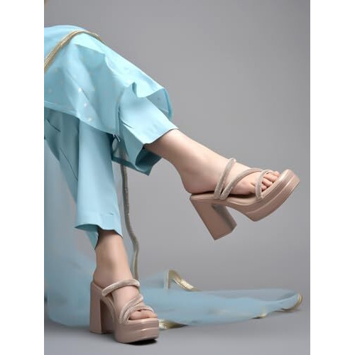 Shoetopia Embellished Rose-Gold Block Heels For Women & Girls /Eu40