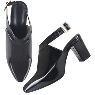 Shoetopia Women's Black Patent Leather Block Heel Sandal With Ankle Strap And Pointed Toe  Elegant Formal Dress Sandal Eu39
