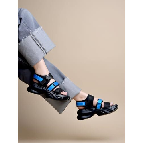 Shoetopia Smart Casual Black & Blue Sporty Sandals For Women & Girls /Eu36