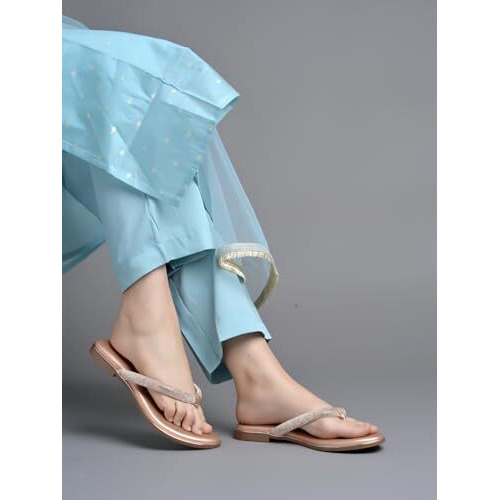 Shoetopia Embellished Rhinstone Strap Rose-Gold Flats For Women & Girls /Eu37