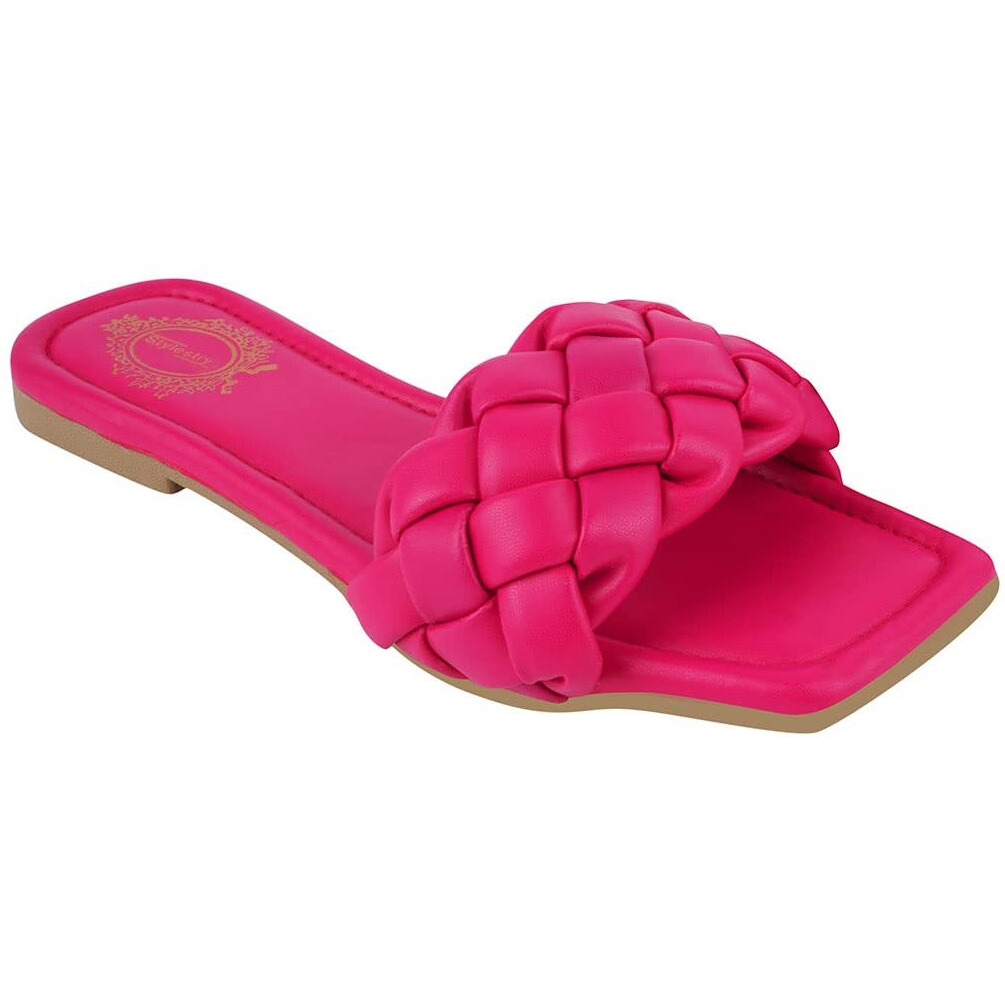 Shoetopia Women's Magenta Braided Flat Slip-On Sandals  Comfortable Open-Toe Casual Slides For Summer, Beach Eu36